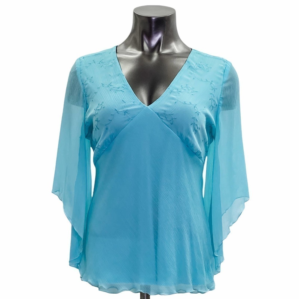DRESSBARN Sky Blue V-Neck Embroidered Drapey Asymmetrical Sleeve Blouse